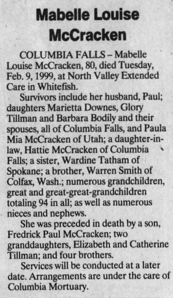 Obituary for Mabelle Louise McCracken (Aged 80)